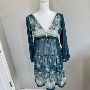 Boho Sheer Floral Tiered Mini Dress Deep V-Neck Long Sleeve XS/S Green Paisley